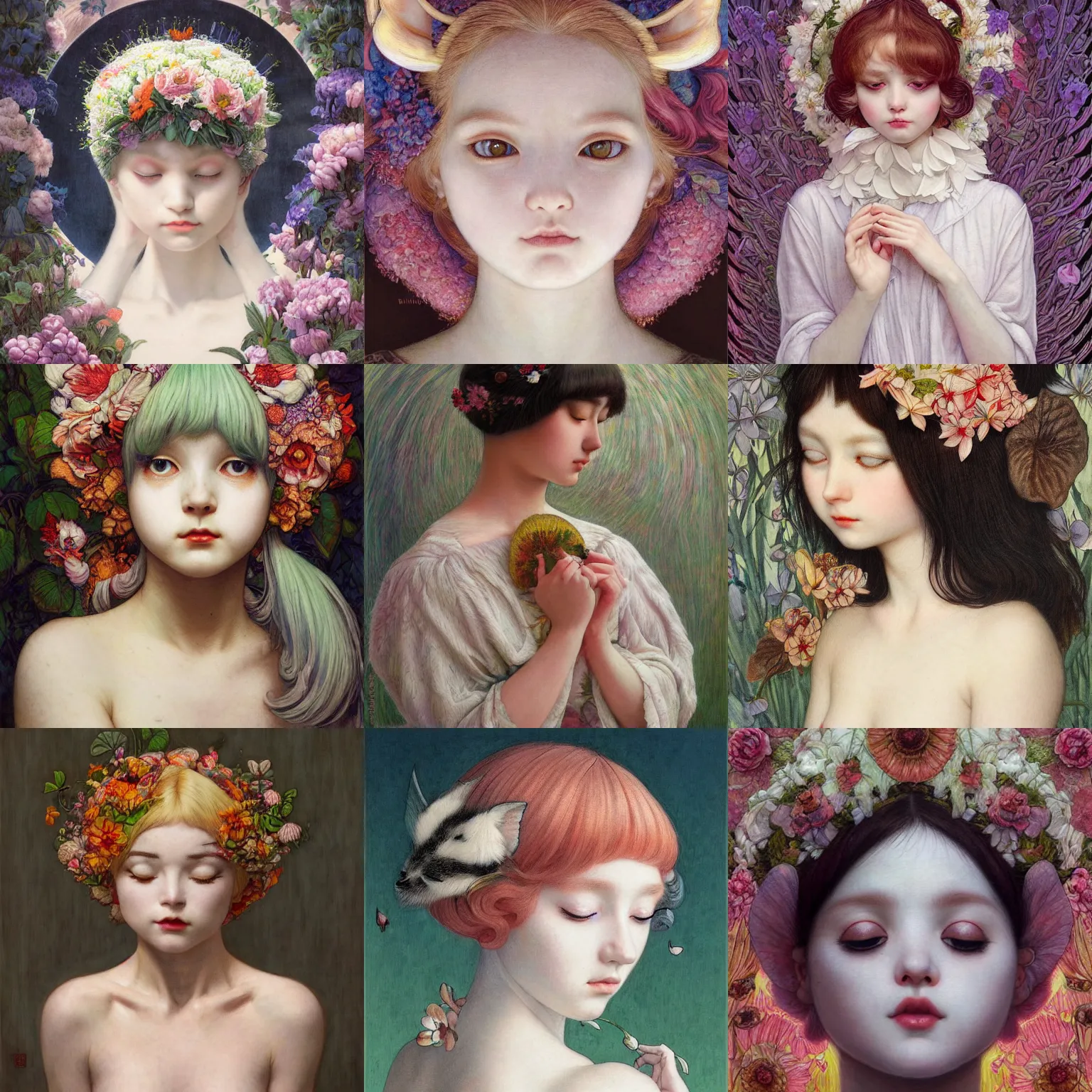 Image similar to white cat girl, botanical, portrait face, colorful, frantisek kupka, intricate, miles johnston, kuroda seiki, cynical realism, ozabu, john william godward, painterly, yoshitaka amano, moebius, miles johnston, louise zhang, james jean, mark ryden lowbrow pop surrealism art style