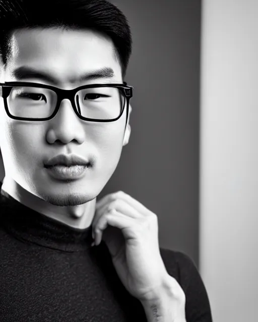 Prompt: Handsome!! young Asian male model showing off his large!!!! pregnant!!!! belly, belly exposed, highly detailed, chiseled jaw, clean shaven, medium length black hair, highly detailed, wearing glasses, studio photography