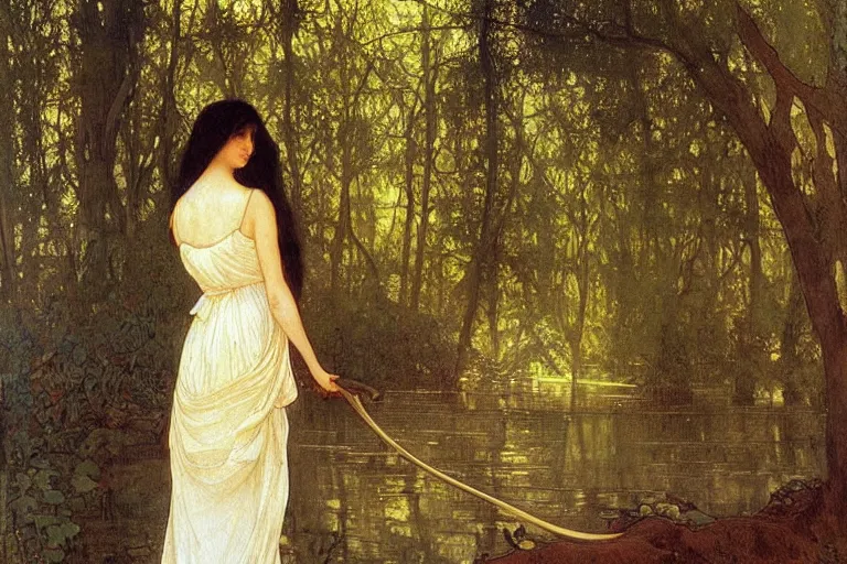 Prompt: a beautiful painting of the back view of a young lady with long dark hair in white linen dress sitting by the river in a grown forest, playing a golden harp, sunlight reflected on the river, Mucha, Moebius, Mohrbacher