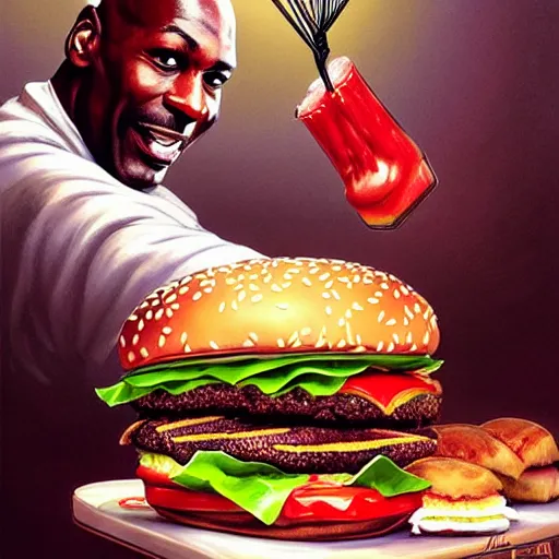 Image similar to Michael Jordan dunking a big mac hamburger, eating burgers, dripping BBQ Sauce, serving burgers, hospital room, intricate, elegant, highly detailed, digital painting, artstation, concept art, matte, sharp focus, illustration, art by Artgerm and Greg Rutkowski and Alphonse Mucha