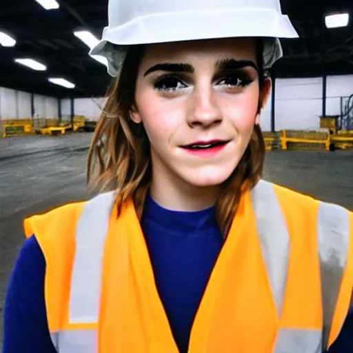 Image similar to photo, close up, emma watson in a hi vis vest, in warehouse, android cameraphone, 2 6 mm