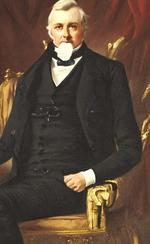 Prompt: official portrait of a victorian politician, wearing a suit, sitting down, detailed face, male in his 4 0 s, victorian, highly detailed, cinematic lighting, painting by thomas lawrence