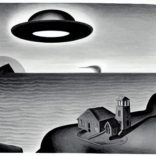 Prompt: painting of mysterious alien saucer hovering over seaside village, 1938, by Thomas Hart Benton