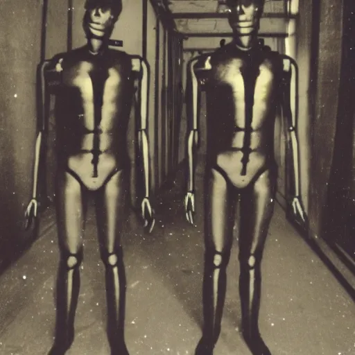 Image similar to two humanoid replicants stand too close to the camera, polaroid, flash photography, photo taken in a completely dark storage room where you can see some clutter in the background