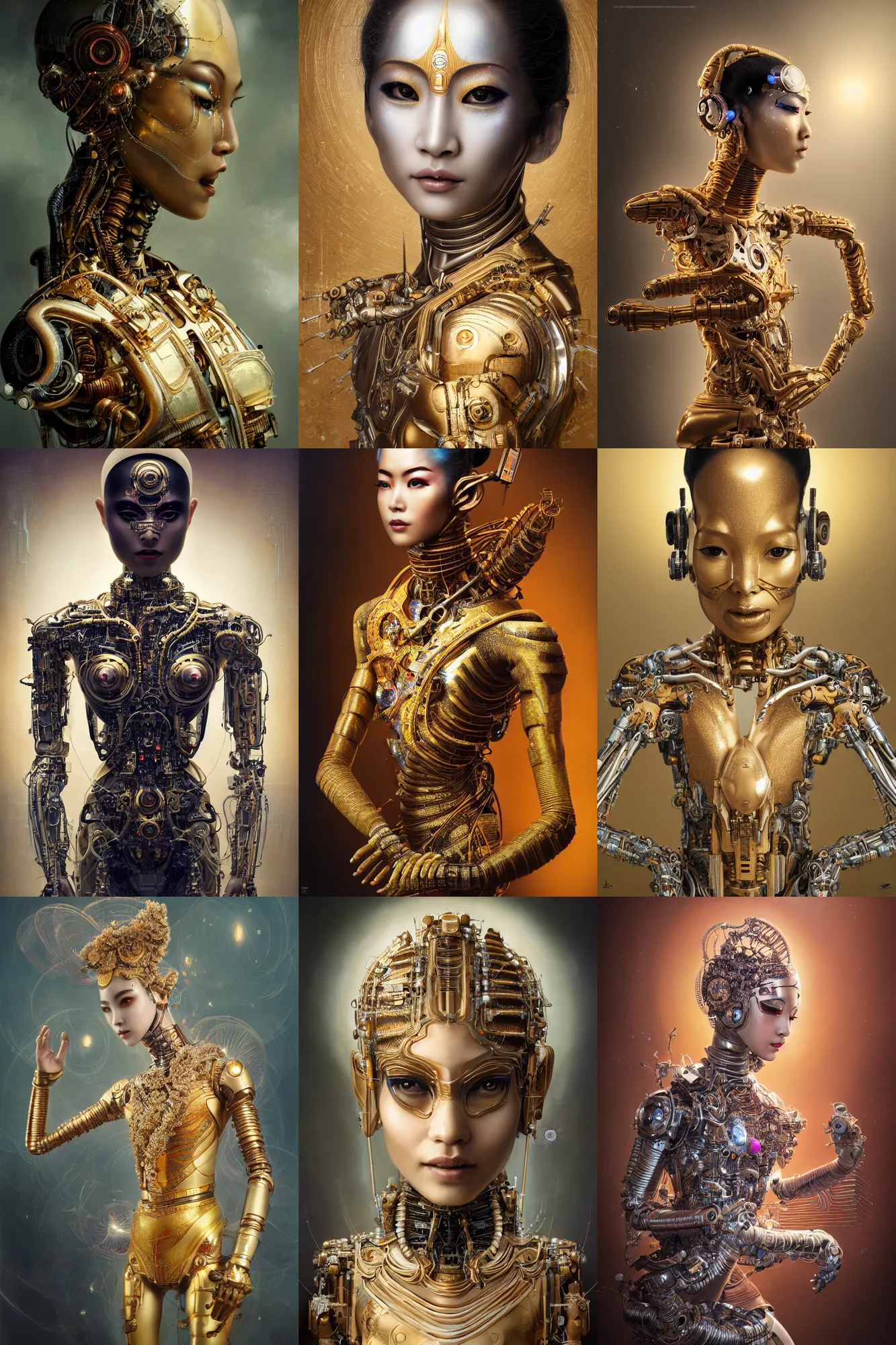 Prompt: a beautiful ultradetailed fine art photo of a cybernetic biomimetic cyborg classical thai dancer, by tom bagshaw and anna dittman, portrait, 3 5 mm lens, golden ratio composition, detailed face, techno eyes, studio photography, very detailed, futuristic robots, artstation, 8 k, highly coherent