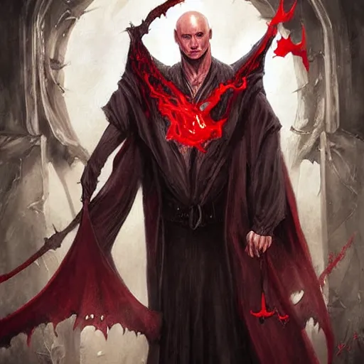 Image similar to d & d painting portrait necromancer man with bald head, red eyes, pallid skin, long flowing black and red robes. in style of tony sart