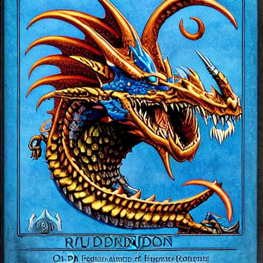 Image similar to half length portrait of a medieval d & d fantasy anthropomorphic blue dragon, d & d rulebook cover art by jeff easley