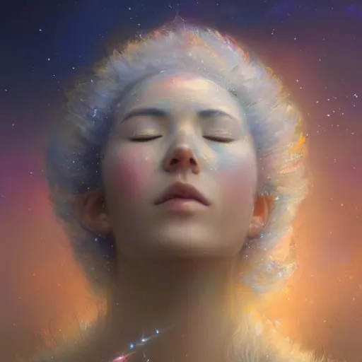 Prompt: a beautiful portrait of a cloud goddess with numerous tiny birds flying in the background and closed eyes, galaxy theme colors, colorful, galaxy theme colors, galaxy theme colors, galaxy theme colors, galaxy theme colors, galaxy theme colors, ultra realistic digital art by Greg Rutkowski and Raymond Swanland, Trending on Artstation, ultra realistic digital art