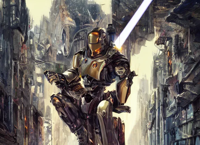 Image similar to medieval cyberpunk knight in a scenic cyberpunk environment, armor inspired by star wars and iron man, cybernetic implants, beautiful digital art, action pose, epic lighting, epic composition, sharp focus