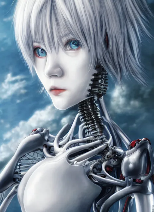 Prompt: Rei Ayanami by Yoshitaka Amano, by HR Giger, biomechanical, profile portrait, 4k, wide ayes, hyper detailed, hyperrealism, anime, a Blood Moon rising on a Broken World 4k very detailed deviantart artstation