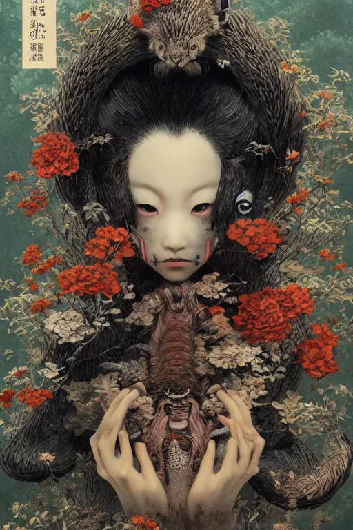 Image similar to a cover of japanese art magazine about animal creatures bio by illustrated by miyazaki by karol bak, james jean, tom bagshaw, rococo, sharp focus, trending on artstation, cinematic lighting, hyper realism, octane render, 8 k, hyper detailed, vivid, ultra detailed, highly detailed