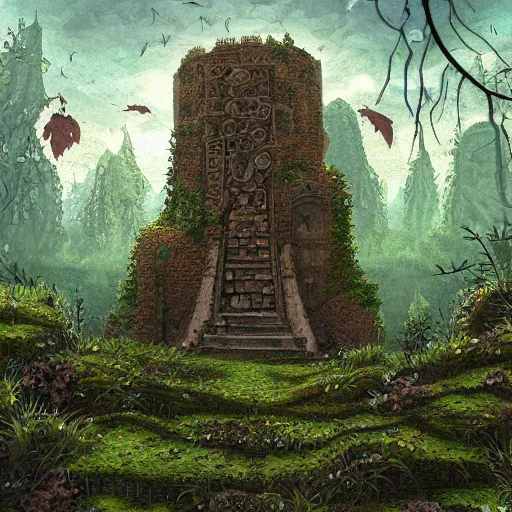 Prompt: ruined tower covered in creepers, beautiful, intricate, detailed, digital art painting