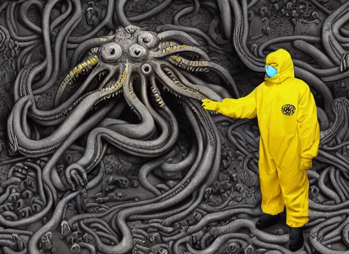 Prompt: a man in a yellow hazmat suit being eaten by a highly detailed Cthulhu Eldritch demon with many eyes and tentacles in an underground brutalist bunker, highly realistic, highly detailed, intricate, cinematic, wide angle, grime, symmetrical and centered, front facing camera, epic lighting, Unreal engine render in 8k by Zdzslaw Beksinski and Wayne Barlowe