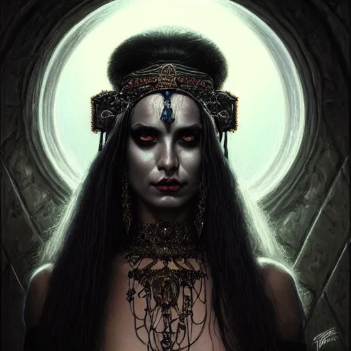 Image similar to portrait of a gypsy queen grim dark, dark, piercing eyes, exotic expression, esoteric clothing, photorealistic, highly detailed, mysterious lighting, artstation, smooth, sharp focus, art by michael whelan, artgerm, greg rutkowski and luis royo