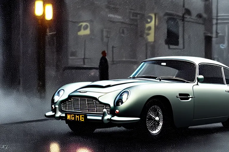 Prompt: a wholesome animation key shot of!! one!! focused!! aston martin db 5!!, in a wet london street, raining, wide shot, studio ghibli, pixar and disney animation, sharp, very detailed, high resolution, rendered in unreal engine 5, anime key art by greg rutkowski, bloom, atmospheric lighting