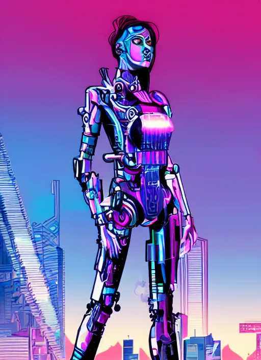 Prompt: a synthwave style style cyborg girl in a futuristic city