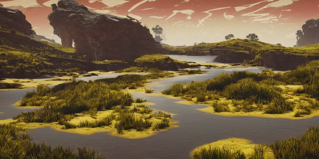 Prompt: abstract 3d landscape painting with a meandering river at noon by james jean and David Schnell painted in no mans sky style, redshift, octane