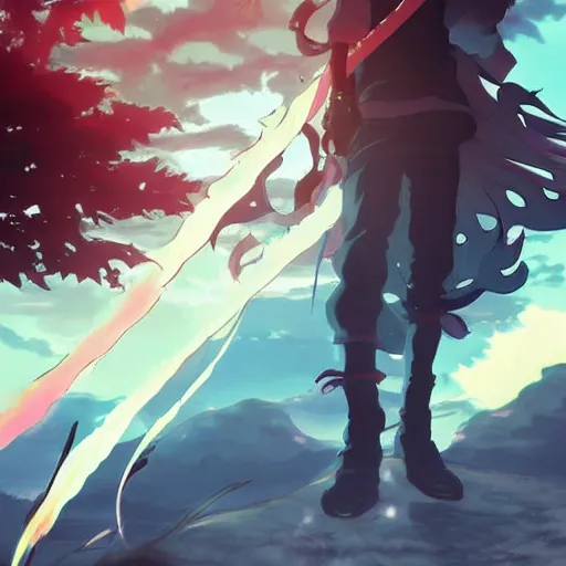 prompthunt: sword made of fire in the style of Makoto Shinkai, anime,  colorful, beautiful, 4k