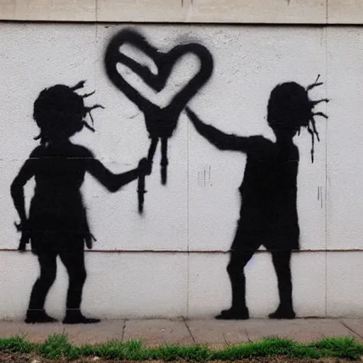 Image similar to a street art of thread connecting brother and sister by banksy