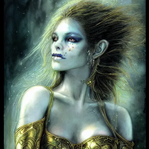 Prompt: portrait of ethereal young goblin princess in golden armour by Luis Royo