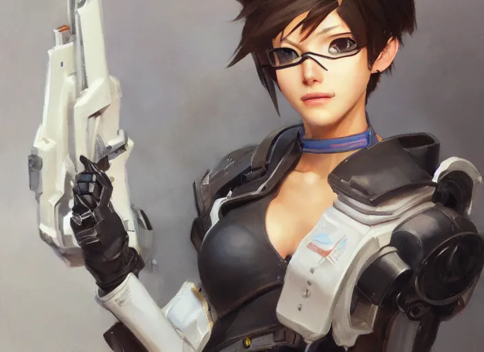 Image similar to a highly detailed beautiful portrait of tracer from overwatch as 2 b nier automata, by gregory manchess, james gurney, james jean