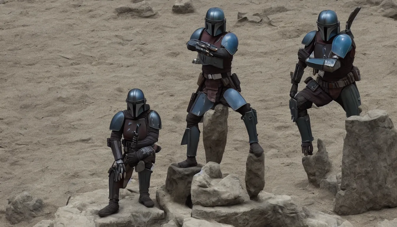 Prompt: lone mandalorian in rodin's thinker pose, single mandalorian, cannot stress this enough - single mandalorian, cinematic