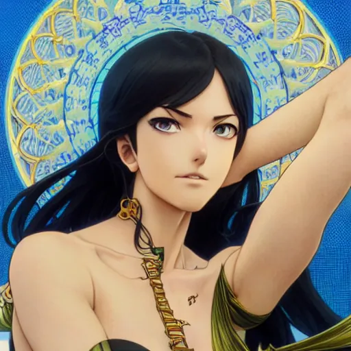 Image similar to highly detailed vfx portrait of nico robin by eiichiro oda, makoto shinkai, alphonse mucha, sharp focus, art by artgerm and greg rutkowski!, backlit, harsh overhead sunlight, blue eyes, stanley kybric, kaoru mori, hyper detailed, smooth pixiv, fanbox,