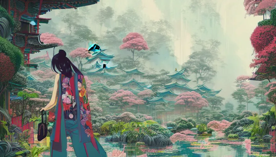 Prompt: a digital painting of a woman in the distance wearing gucci exploring a magical japanese temple, lush plants and flowers, eco - cyberpunk art by james jean, cgsociety, retrofuturism, anime aesthetic, chromatic, iridescent, uhd