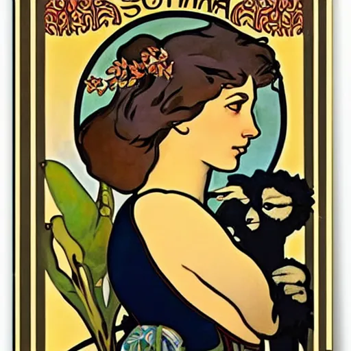 Prompt: art nouveau poster of a south american woman touching the head of a llama, her face shown in profile, in the style of alphonse mucha