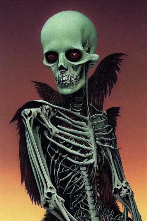 Prompt: creepy portrait of a skeletal zombie female green winged angel by wayne barlowe