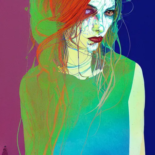 Prompt: portrait of woman, colorful palette, sad, by conrad roset