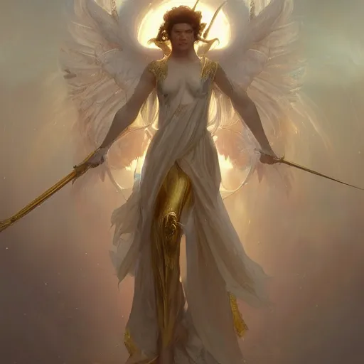 Image similar to angel warrior, beautiful, stunning, gold mist, radiating power, energy, god rays, luminescence, fractal, smooth white and soft by ruan jia, tom bagshaw, alphonse mucha, krenz cushart, vray render, artstation, deviantart, pinterest