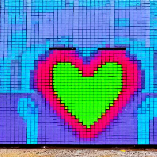Prompt: pixel heart shaped portal to a neon colored world, on an industrial exterior