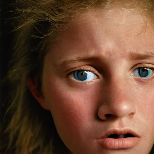 Prompt: a candid extreme closeup portrait of an expressive face of a very surprised young woman by annie leibovitz