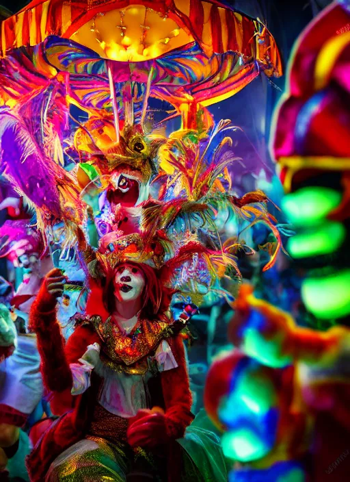 Image similar to professional photography, octane render, beautiful aesthetic whimsical horror, carnival, fools and jesters performing at a carnival, high-resolution, extreme detail, beautiful colorful lights