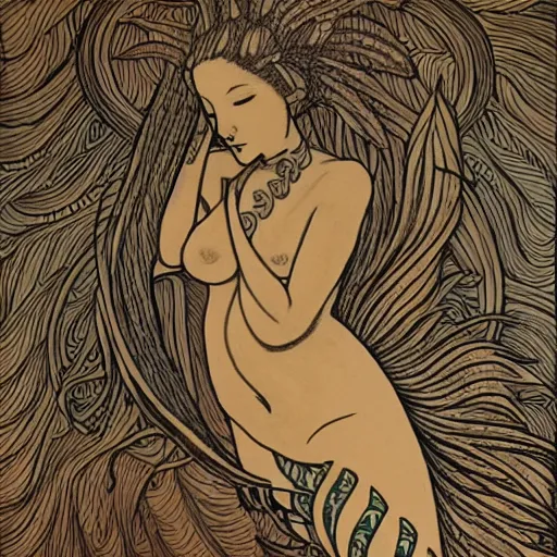 Prompt: detailed drawing of a two tailed mermaid on wood panel in the style of Audrey Kawasaki