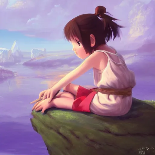 Image similar to a painting of a little girl sitting on a rock, a digital painting by hayao miyazaki, cgsociety, metaphysical painting, 2 d game art, storybook illustration, detailed painting