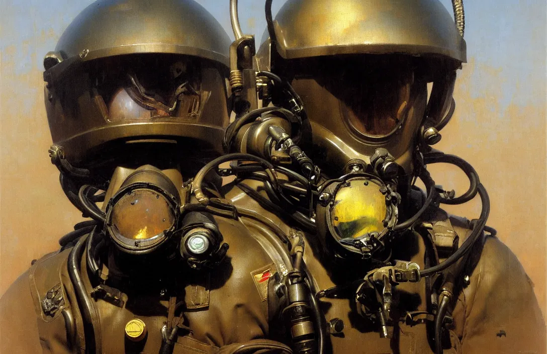 Prompt: portrait of us navy mark v deep sea marine divers helmet, detailed face, detailed painting, epic lighting, by ilya repin, phil hale and kent williams