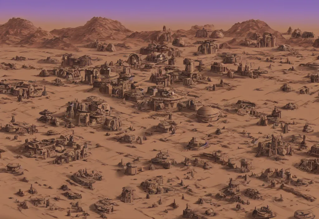 Image similar to tatooine desert town, morning, star wars