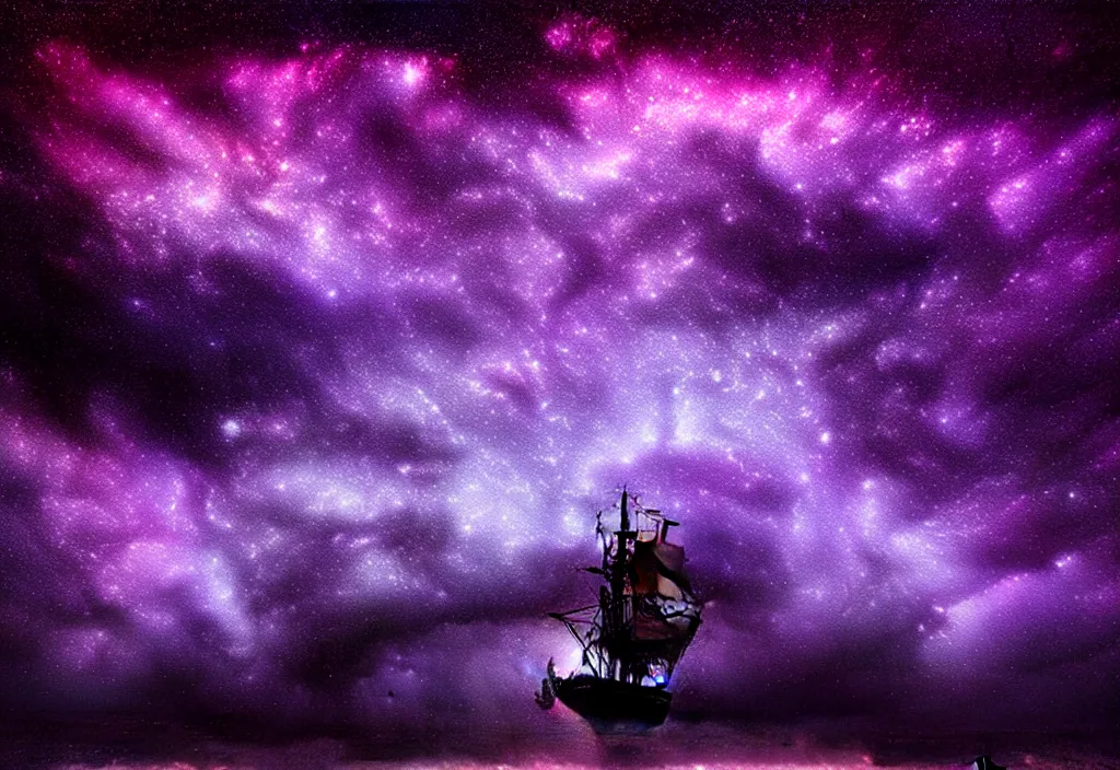 Prompt: purple color lighting storm with stormy sea close up of a pirate ship firing its cannons trippy nebula sky with dramatic clouds painting by banksy