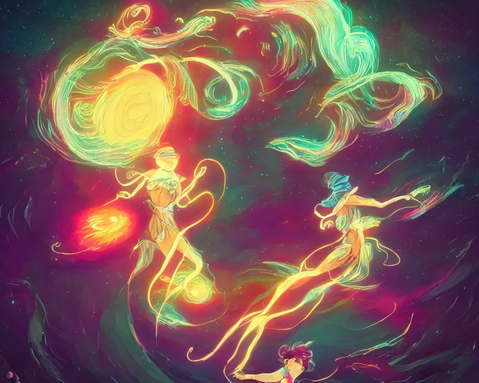 Prompt: a beautiful whimsical goddess floating above a lake basking in the moonlight, firebending, underneath a multi-colored binary blackhole with an accretion disc, glowing trails following her arms, synthwave, by Lois van Baarle, by Greg Rutkowski, by artgerm, by beeple, by studio ghibli, cinematic angle, volumetric lighting, 4k resolution, octane render, trending on artstation, masterpiece