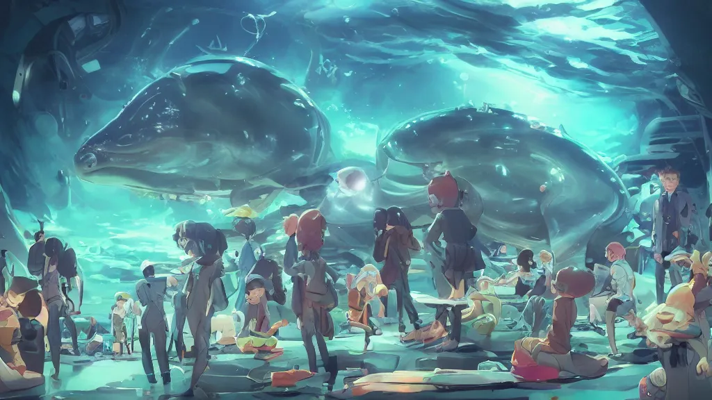 Prompt: a group of scientist watch with joy the marvellous bioluminescent creature that live in the depth of the sea from the bay of a futuristic submarine, dramatic lighting, dynamic lighting, cinematic lighting, by makoto makoto, krenz cushart and artgerm, anime, featured on artstation, ultrawide angle