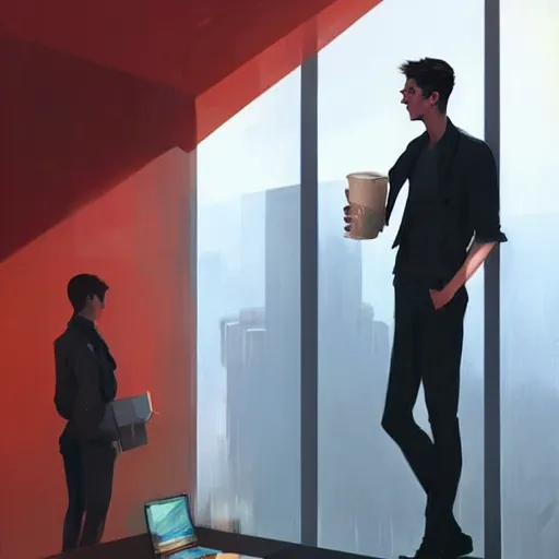 Prompt: concept art by greg rutkowski, very tall and thin young man, standing drinking a coffee looking out a large rectangular window inside a futuristic office, reddish exterior lighting, scifi, highly detailed portrait, digital painting, artstation, concept art, smooth, sharp foccus ilustration, artstation hq