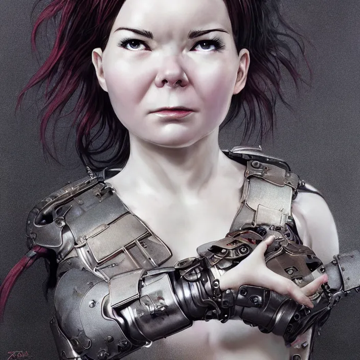 Image similar to hyper - realistic bjork leather cyborg - by tom bagshaw, by ilya kuvshinov, rtx rendering, octane render 1 2 8 k, maya, extreme high intricate details by wlop, digital anime art by ross tran, medium shot, close up shot, composition by sana takeda, dramatic lighting by greg rutkowski, 8 k, trending on artstation