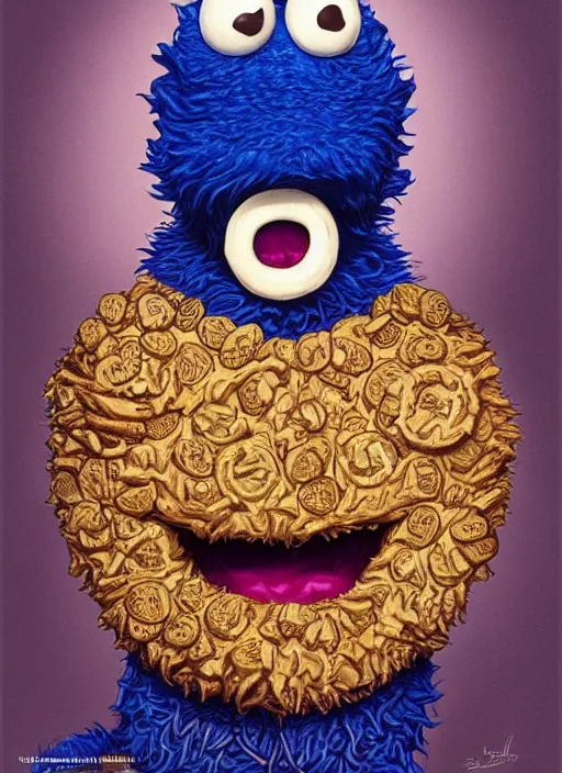 Image similar to portrait of Deliriously happy Cookie Monster in Society (1989), intricate, highly detailed, centered, solid color background, digital painting, artstation, concept art, smooth, sharp focus, illustration, artgerm, donato giancola, Joseph Christian Leyendecker, WLOP, Artgerm