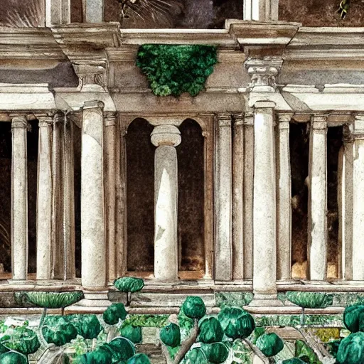 Image similar to delicate marble garden on paper floating puffy vines botanical herbarium botanic watercolors coastline iridescent 8 k wide angle realistic shaded fine details, artstation italian rainbow colonnade oak pinecone gardena architecture pompeii boundary wall