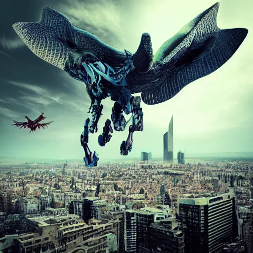 Image similar to A beautiful print of a large, flying, robotic creature swooping down over a cityscape. The creature has a long, snake-like body with large, razor-sharp wings. It is attacking a group of people who are running in terror. by Frits Van den Berghe terrifying