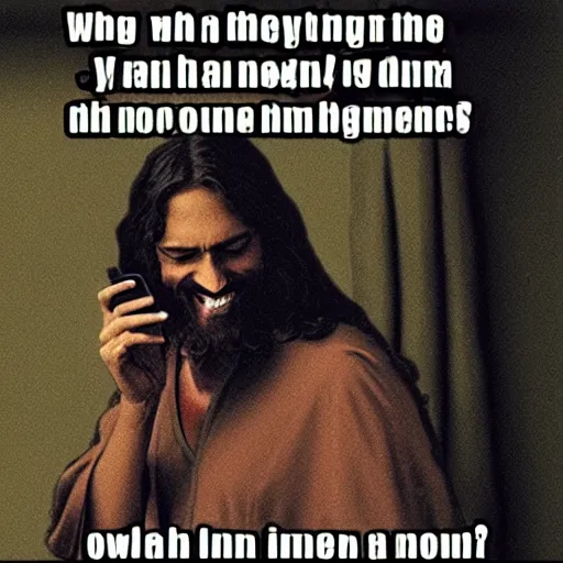 Prompt: jesus laughing at a meme on his phone