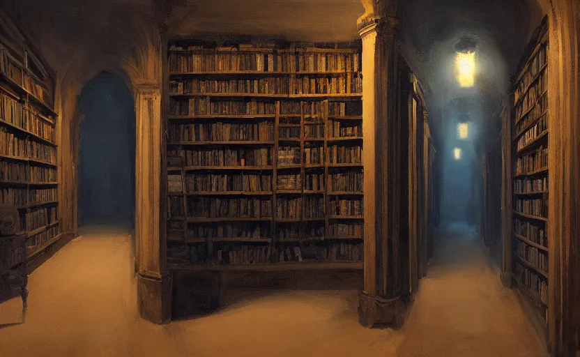 Prompt: very dark creepy victorian corridor with bookshelves everywhere and two candles, by Stefan Koidl. artstation, blue lighting.