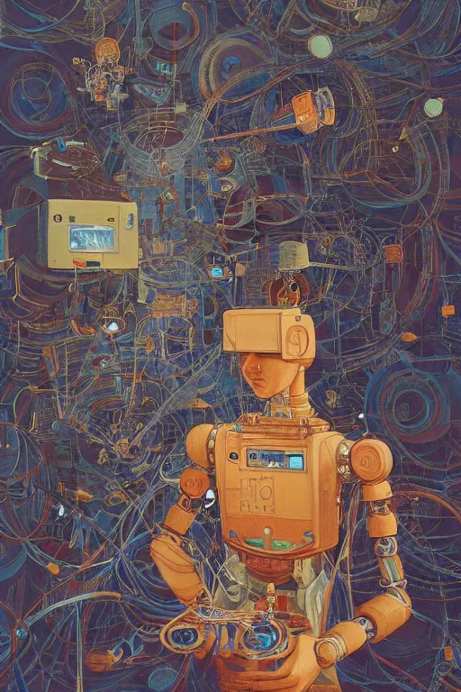 Prompt: a boy fixing his robot, part by Lohmuller Gyuri, part by Victo Ngai, high angle, oil on canvas